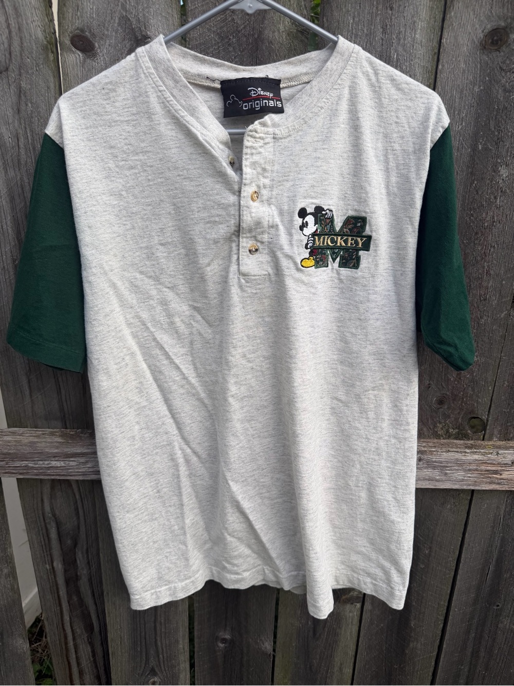 Disney Men's Mickey Henley T-Shirt in Gray and Dark Green Disney Originals